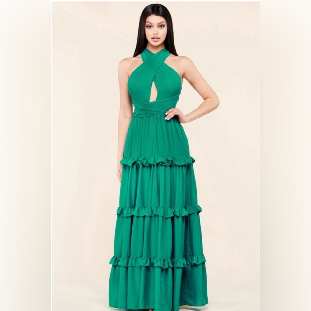 L'ATISTE Green Halter Tiered Maxi Dress